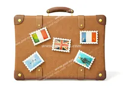 عکس با کیفیت نمای مقابل از چمدان چرمی مسافرتی با رنگ قهوه ای با تمبر پرچم و نماد کشورهای اروپایی