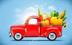 عکس با کیفیت وانت قرمز رنگ پر از صیفی جات کدو تنبل ، ذرت ، هویج و گوجه فرنگی