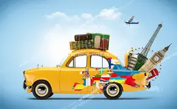 عکس با کیفیت نقاشی خودرو زرد رنگ قدیمی با وسایل و چمدان های مسافرتی و نماد اماکن تاریخی و دیدنی جهان