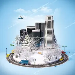 عکس با کیفیت ماکت شهر مدرن با برج های بلند در زمستان با درختان و خیابان پر از برف