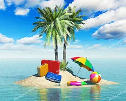 عکس با کیفیت جزیره کوچک با درختان نارگیل و چمدان های رنگی و چتر و ... در کنار ساحل آن