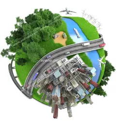 عکس با کیفیت کره زمین با پوشش درختان و گیاهان و برج ها و ساختمان های ساخته شده بر روی آن به همراه حرکت خودروها در بزرگراه ها و پروازهای هواپیما و حرکت قطار