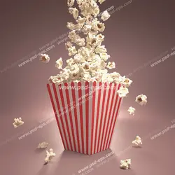 عکس با کیفیت دانه های پاپ کورن در حال ریختن درون ظرف کاغذی سفید و قرمز