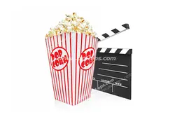 عکس با کیفیت نمادین Clapperboard یا کلاپربرد در کنار ظرف پر از پاپ کورن جهت تبلیغات سینما یا سینما سه بعدی