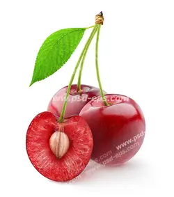 عکس با کیفیت دو عدد گیلاس کامل با گیلاسی برش خورده در کنار آن مناسب فروشگاه های میوه و سبزیجات