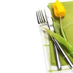 عکس با کیفیت چاقو و چنگال استیل ضدزنگ در کنار دستمال و شاخه گل رز زرد