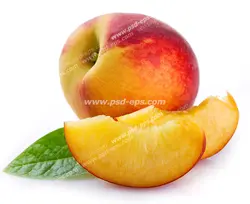 عکس با کیفیت هلوی تازه در کنار برش های هلو و برگ درخت هلو