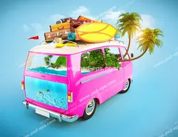 عکس با کیفیت فانتزی ون مسافرتی صورتی رنگ با جزیره و دریای قرار گرفته در درون آن به همراه چمدان ها و ساک های بسته شده