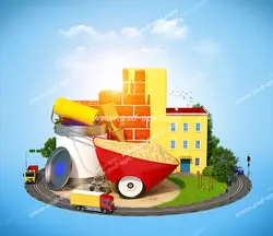 عکس با کیفیت نمایی از ماکت خانه و یا ساختمان در حال رنگ آمیزی به همراه سطل و چتکه رنگ با پس زمینه آسمان آبی