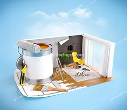 عکس با کیفیت نمایی از ماکت اتاق خانه به همراه پلان و سطل رنگ و چتکه های آن با پس زمینه آسمان آبی