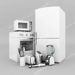 عکس با کیفیت لوازم خانگی مانند یخچال ، مایکروویو و گاز فردار به همراه مخلوط کن ، کتری برقی ، توستر ، گوشت کوب برقی و سرویس کفگیر سفید رنگ با پس زمینه خاکستری