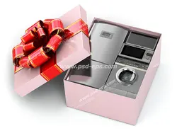 عکس با کیفیت جعبه هدیه بزرگ صورتی با تزئین زیبای روبان قرمز حاوی لوازم برقی یخچال ، ماشین لباسشویی ، مایکروویو و تلویزیون نقره ای رنگ