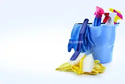 عکس با کیفیت از سطل آبی رنگ همراه با مواد شوینده با دستکش و فرچه و چتکه