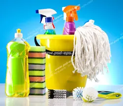 عکس با کیفیت لوازم شوینده مانند تی ، فرچه ، اسفنج ، سطل به همراه مواد شوینده با زمینه آبی