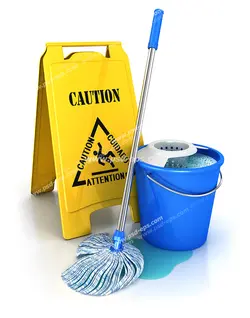 عکس با کیفیت تابلوی زرد رنگ احتیاط همراه با سطل و تی زمین شوی