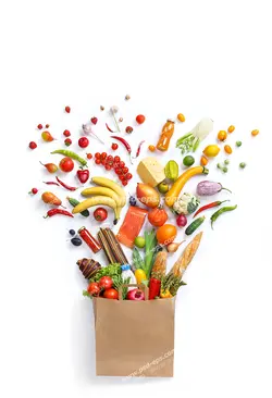 عکس با کیفیت بسته خرید سبزیجات و میوه و تخم مرغ و بلدرچین و گوشت ماهی و میگو و نوشیدنی و شیر و پنیر و روغن ارگانیک و طبیعی با چیدمانی زیبا کنار هم