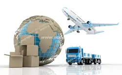 عکس با کیفیت عکس با کیفیت نمادین برای شرکت های حمل و نقل هوایی و زمینی بین المللی با تصویر کره زمین ، هواپیما ، ماشین های سنگین و بسته های کالا