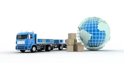 عکس با کیفیت نمادین برای شرکت های حمل و نقل بین المللی با تصویر کره زمین ، بسته های کالا ، تریلی یا کامیون و ماشین های سنگین آبی رنگ