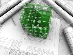 عکس با کیفیت ماکت سه بعدی یا تری دی سبز رنگ اسکلت آپارتمان مسکونی در کنار نقشه و پلان های ساختمان