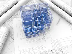 عکس با کیفیت ماکت سه بعدی یا تری دی آبی رنگ اسکلت آپارتمان مسکونی در کنار نقشه و پلان های ساختمان