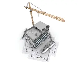 عکس با کیفیت نمای بالا از ماکت تری دی یا سه بعدی ساختمان ساخته شده تا مرحله بتن ریزی با تاورکرین بر روی نقشه های ساختمانی