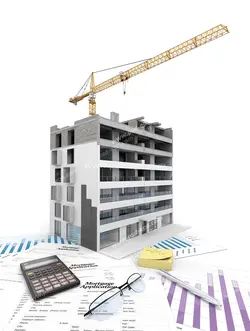 عکس با کیفیت ماکت سه بعدی یا تری دی ساختمان در مرحله بتن ریزی در کنار تاورکرین