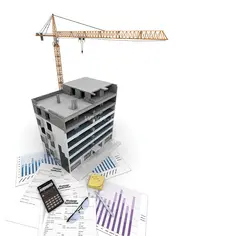 عکس با کیفیت ماکت تری دی یا سه بعدی ساختمان در مرحله بتن ریزی با تاورکرین بر روی نمودارهای ارزیابی