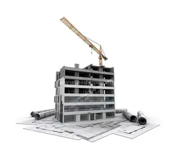 عکس با کیفیت ماکت سه بعدی ساختمان ساخته شده تا مرحله بتن ریزی با تاورکرین بر روی نقشه های ساختمانی