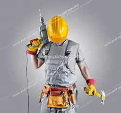 عکس با کیفیت تکنسین ساختمان با کلاه ایمنی و ابزار ساختمانی و دستگاه دلر و چکش در دست