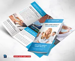 بروشور سه لت لایه باز تبلیغاتی مراکز درمانی و بیمارستانی یا درمانگاه و آزمایشگاه با تصویر پزشکان و دستگاه های پیشرفته آزمایش