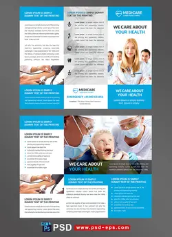 بروشور سه لت لایه باز تبلیغاتی مراکز درمانی و بیمارستانی یا درمانگاه و آزمایشگاه با تصویر پزشکان و دستگاه های پیشرفته آزمایش