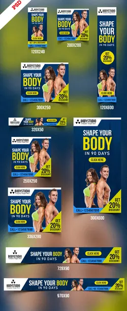 تراکت یا پوستر لایه باز تبلیغاتی باشگاه های تناسب اندام یا مربیان بدنسازی با تصویر آقا و خانم بدنساز و زمینه زرد و آبی