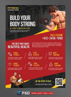 تراکت یا پوستر لایه باز تبلیغاتی قرمز رنگ بدنسازی ، باشگاه پرورش اندام یا تناسب اندام آقایان با انواع کلاس ورزشی از جمله فیتنس ، ایروبیک ، پیلاتس ، وزنه برداری و ...
