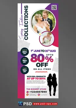 بنر استند یا رول آپ بنر لایه باز تبلیغاتی ارائه خدمات دارای تخفیف برای آتلیه عکاسی عروسی یا چاپخانه چاپ انواع آلبوم عروس با تصویر عروس و داماد