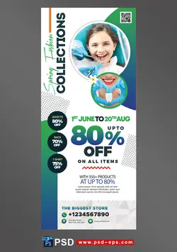 بنر استند یا رول آپ بنر لایه باز تبلیغاتی ارائه خدمات دندان پزشکی با تخفیف یا بیمه های دندانپزشکی ویژه کودکان