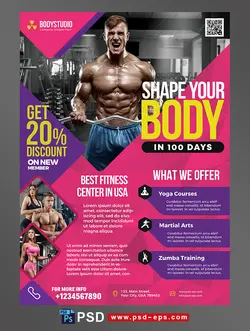 پوستر یا تراکت لایه باز تبلیغاتی باشگاه پرورش اندام یا تناسب اندام آقایان یا کلاس های فیتنس و بدنسازی و ...
