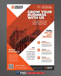 تراکت یا پوستر لایه باز تبلیغاتی ارتقای بازاریابی و پیشرفت کاری در زمینه ساختمان سازی ، آهن آلات ساختمانی و معماری