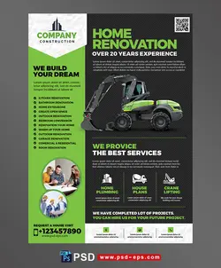 تراکت یا پوستر لایه باز سبز رنگ گروه های معماری داخلی و ساختمان سازی جهت نوسازی یا بازسازی منازل با ماشین آلات ساختمانی