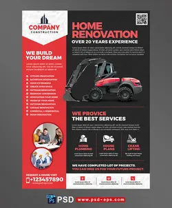 تراکت یا پوستر لایه باز قرمز رنگ گروه های معماری داخلی و ساختمان سازی جهت نوسازی یا بازسازی منازل با ماشین آلات ساختمانی