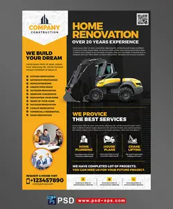 تراکت یا پوستر لایه باز زرد رنگ گروه های معماری داخلی و ساختمان سازی جهت نوسازی یا بازسازی منازل با ماشین آلات ساختمانی