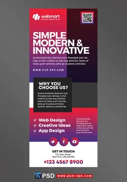 دانلود استند یا رول آپ بنر لایه باز تبلیغاتی قرمز و بنفش رنگ شرکت های ایده پردازی ، برنامه نویسی و طراحی سایت خلاقانه و مدرن با طراحی ساده و شیک