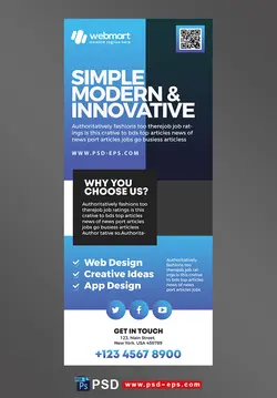 دانلود استند یا رول آپ بنر لایه باز آبی رنگ شرکت های طراحی سایت ، برنامه نویسی و ایده پردازی خلاقانه و مدرن با طراحی ساده و شیک