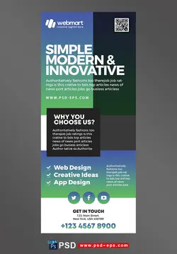 دانلود استند یا رول آپ بنر لایه باز تبلیغاتی آبی و سبز رنگ شرکت های ایده پردازی ، برنامه نویسی و طراحی سایت خلاقانه و مدرن با طراحی ساده و شیک