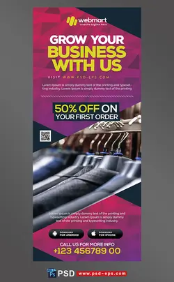 استند یا رول آپ بنر لایه باز تبلیغاتی بنفش رنگ ارتقای بازاریابی در زمینه فروشگاه لباس آقایان