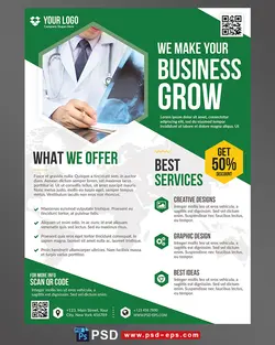 تراکت یا پوستر لایه باز تبلیغاتی سبز رنگ ارتقای بازاریابی در مشاغل و تخصص های پزشکی و درمانی با تصویر پزشک با عکس رادیولوژی در دست