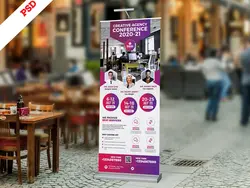 استند یا رول آپ بنر لایه باز سفید و بنفش رستوران یا کافی شاپ یا کترینگ با تصویر پرسنل یا استنند لایه باز شرکتی و تجاری