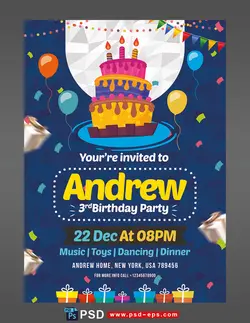 کارت دعوت لایه باز آبی جشن تولد یا جشن مهدکودک ها برای کودکان با تصویر کیک و شمع تولد با زمینه سورمه ای و طراحی فانتزی