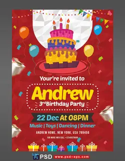 کارت دعوت لایه باز قرمز جشن تولد یا جشن مهدکودک ها برای کودکان با تصویر کیک و شمع تولد با زمینه قرمز و طراحی فانتزی