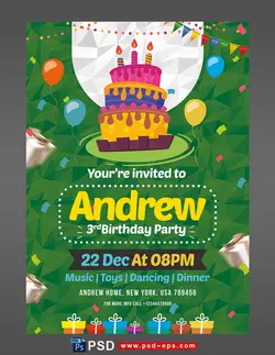 کارت دعوت لایه باز سبز جشن تولد یا جشن مهدکودک ها برای کودکان با تصویر کیک و شمع تولد و طراحی فانتزی یا دانلود پوستر یا تراکت دعوت تولد لایه باز