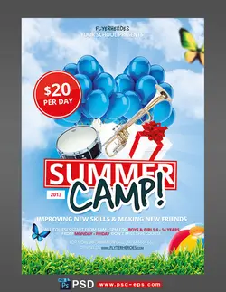 تراکت یا پوستر لایه باز کمپ و اردوگاه های تابستانی یا جشنواره موسیقی های سنتی یا جشن های آیینی با تصاویر شیپور و جعبه هدیه و بادکنک و توپ و آسمان آبی و فضای سبز